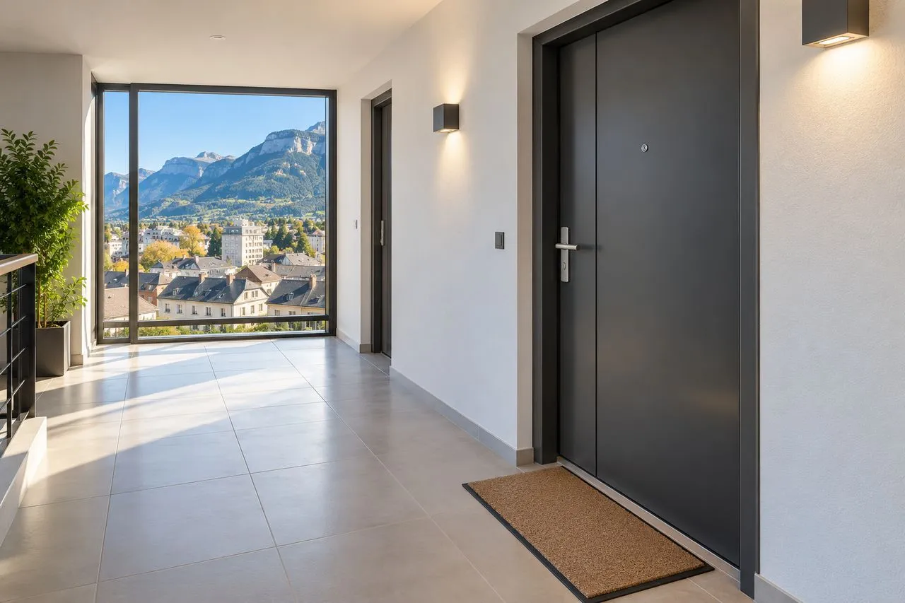 Porte d'entrée d'appartement fermée sur un palier d'immeuble ancien à Chambéry